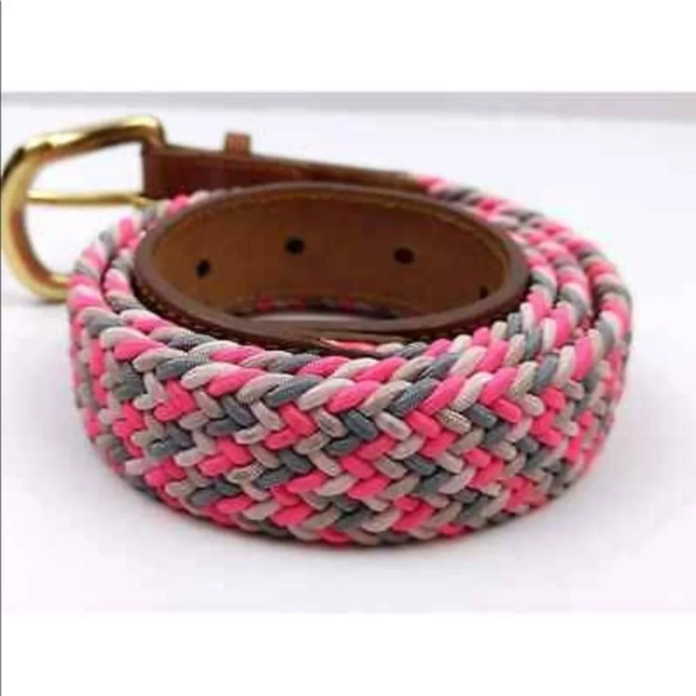 J. Crew Tan Leather Pink & Gray Woven belt Small